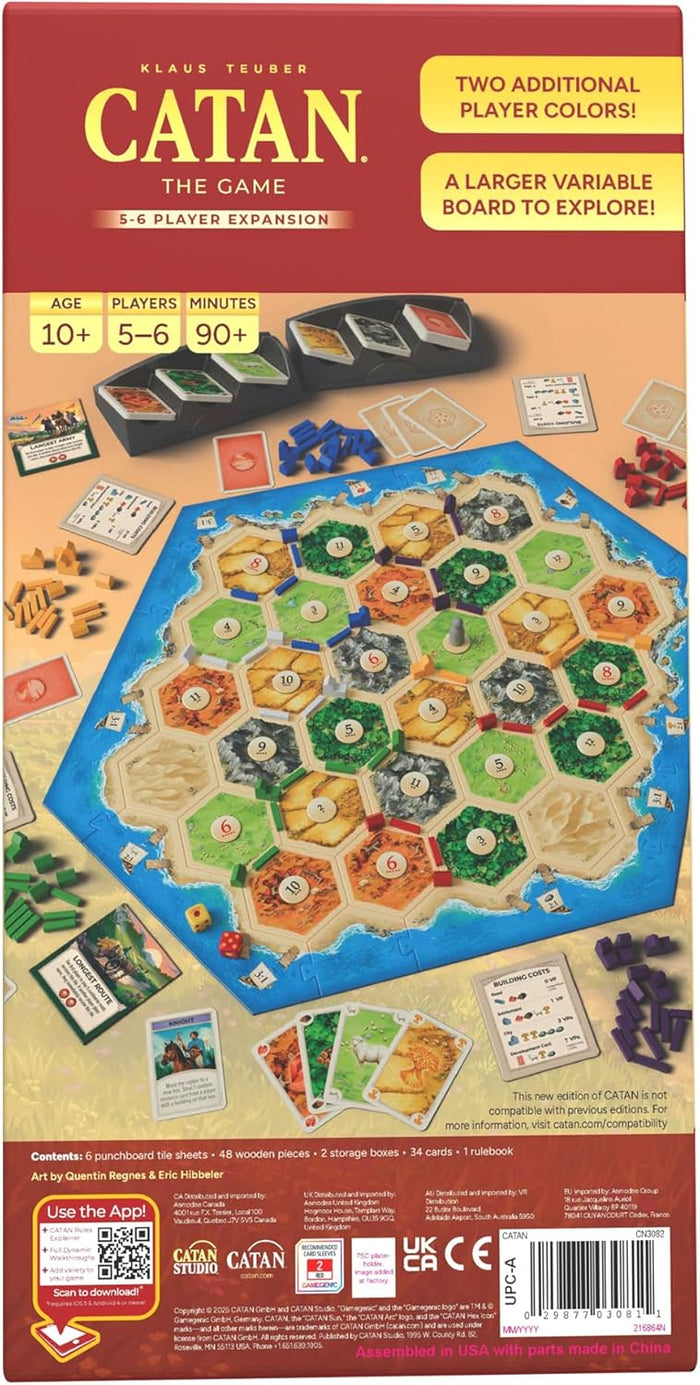 Red board game box featuring a large hexagonal board layout, colorful wooden pieces, resource cards, and game specs.