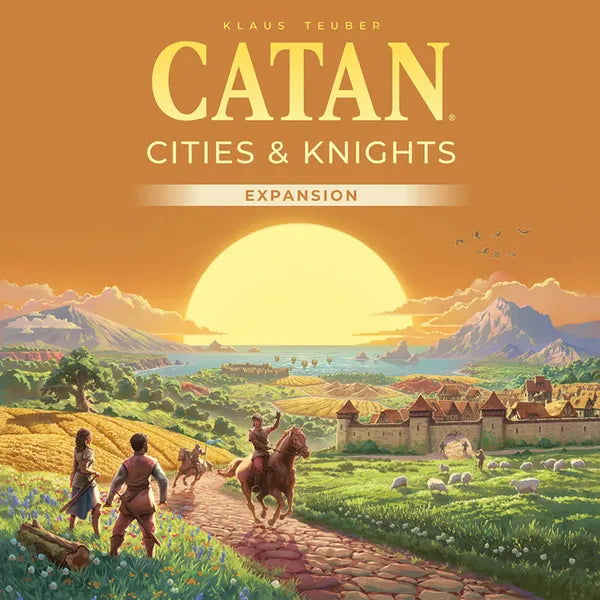 Catan box art featuring a knight on horseback, a walled city, and sheep in a sunlit field under a golden sky.