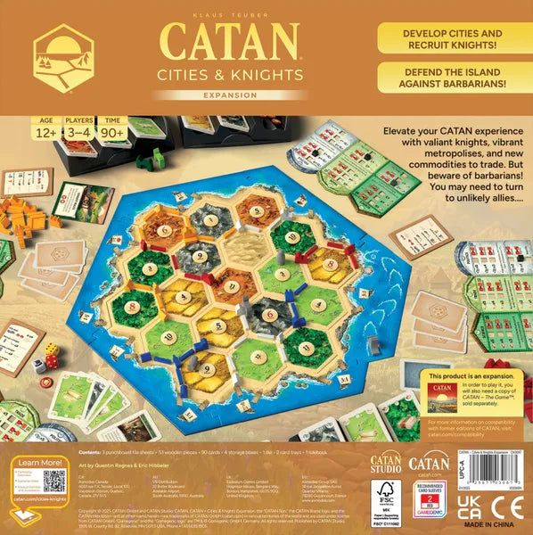 Back of game box showing colorful hexagonal board, player pieces, cards, and descriptions for Catan Cities & Knights.