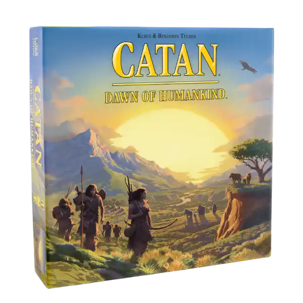 Square blue game box showing early humans trekking through a sunlit green valley toward a large golden sun and mountains.