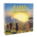 Square blue game box showing early humans trekking through a sunlit green valley toward a large golden sun and mountains.