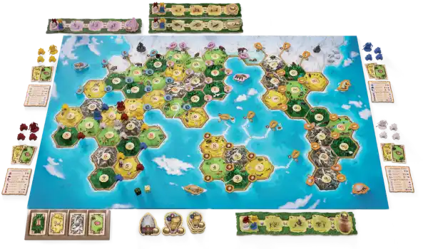 Top-down view of a board game with hexagonal land tiles, colorful miniature figures, and cards on a blue world map.