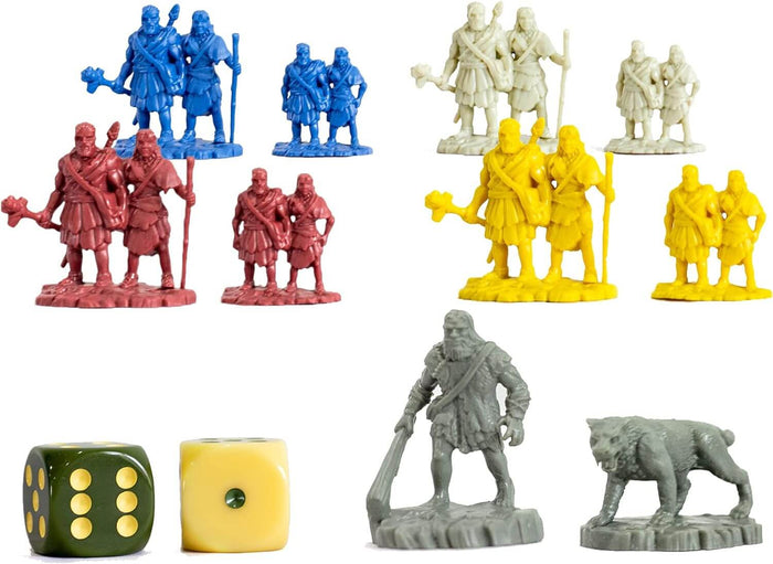Blue, red, yellow, and white prehistoric miniatures, with two grey figures and two six-sided dice.