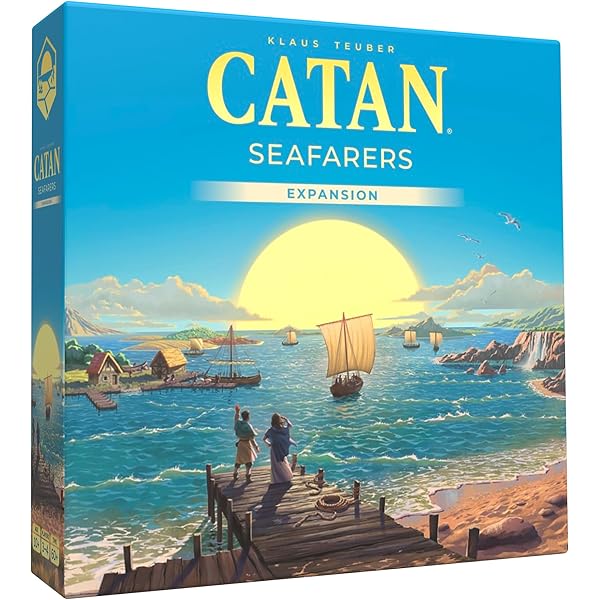 Square blue Catan Seafarers box with a vibrant sunset scene featuring sailboats and figures on a wooden dock.