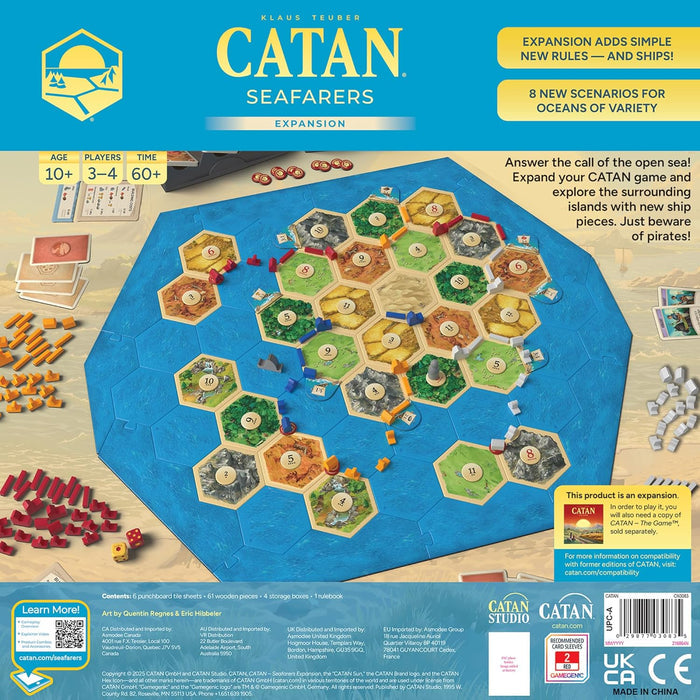 Back of a blue board game box showing a map of hexagonal islands, wooden ship pieces, and product information.