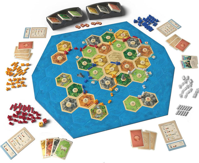 Catan board game layout with hexagonal island and sea tiles, wooden ship and house pieces, resource cards, and dice.