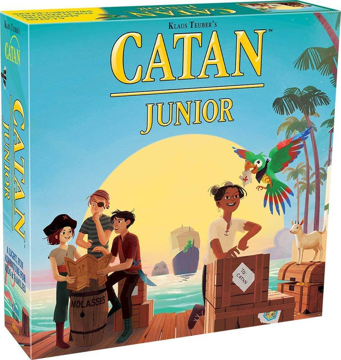 Catan Junior box featuring children on a sunny tropical dock with a large yellow sun, palm trees, and a parrot.