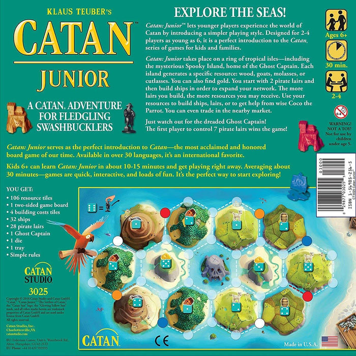 Back of Catan Junior game box with teal background, a colorful island game board map, and pirate-themed illustrations.