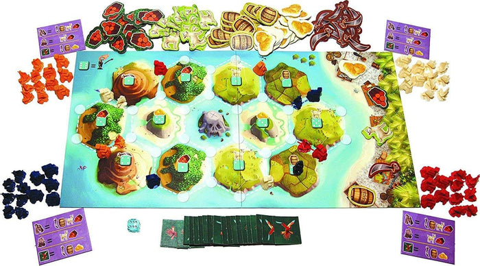 Tropical pirate-themed board game with island tiles, colorful wooden ships, resource tokens, dice, and cards.