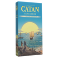 Vertical blue box featuring art of sailing ships at sea under a large yellow sun and two people on a wooden dock.