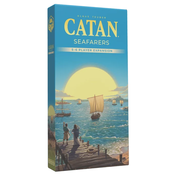 Vertical blue box featuring art of sailing ships at sea under a large yellow sun and two people on a wooden dock.