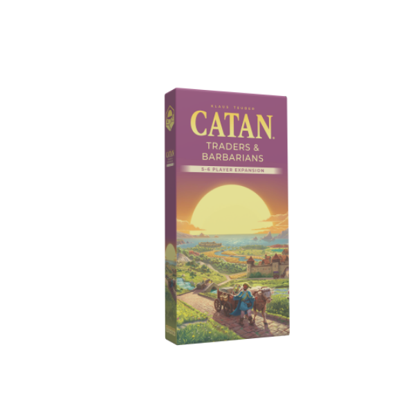 Tall purple board game box with a sunset landscape featuring a horse-drawn cart and 5-6 player expansion text.