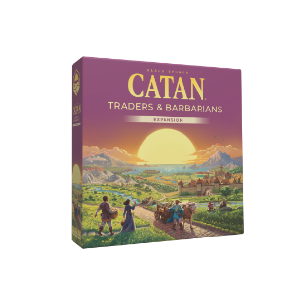 Angled view of a purple Catan expansion box with a scenic sunset illustration of traders and a medieval city.
