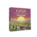 Angled view of a purple Catan expansion box with a scenic sunset illustration of traders and a medieval city.