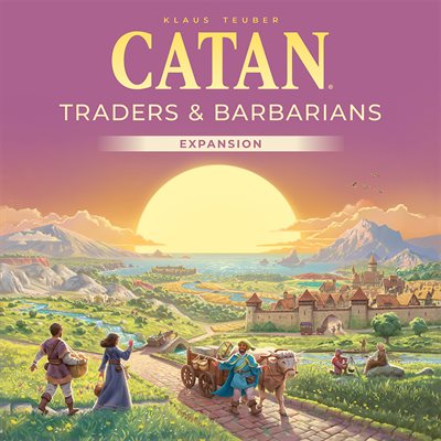 Purple box featuring gold text above an illustration of travelers and an ox cart heading toward a walled city at sunset.