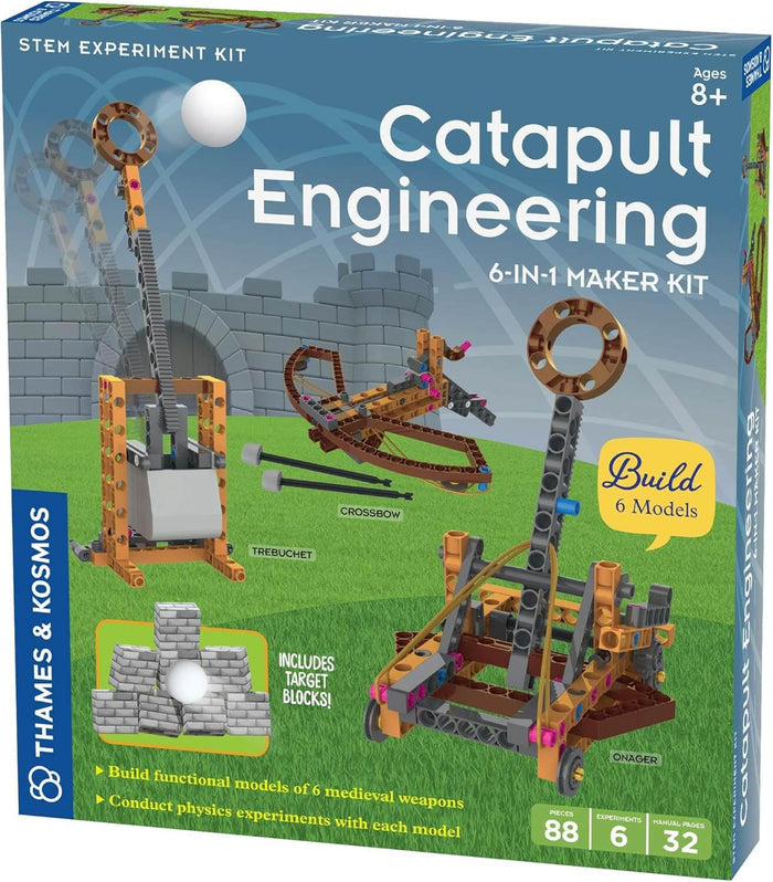 STEM kit box showing orange and brown plastic models of a trebuchet, crossbow, and onager with target blocks.