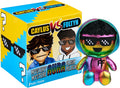 Iridescent rainbow plush toy with pixel sunglasses standing next to its yellow and blue mystery box.