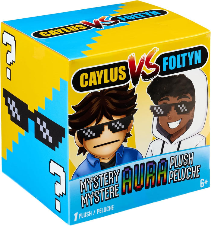 Blue and yellow cube-shaped mystery box featuring two cartoon characters wearing black pixelated sunglasses.