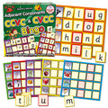 Educational game with green box, colorful bingo boards, and letter tiles spelling simple words next to images.
