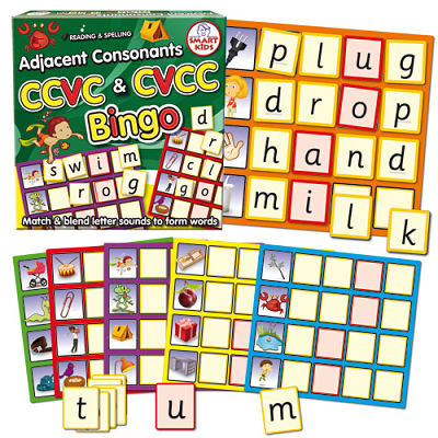 Educational game with green box, colorful bingo boards, and letter tiles spelling simple words next to images.