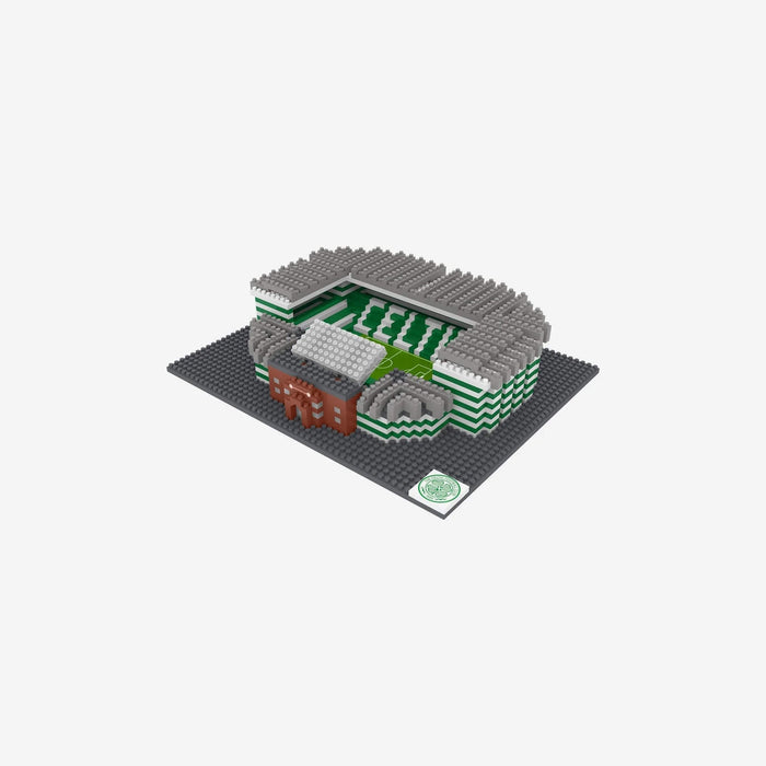 Mini block stadium model with green and white striped stands, red brick entrance, and CELTIC spelled out in white.