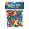 Clear bag of 100 red, blue, yellow, and green interlocking plastic chain links with a blue header card.