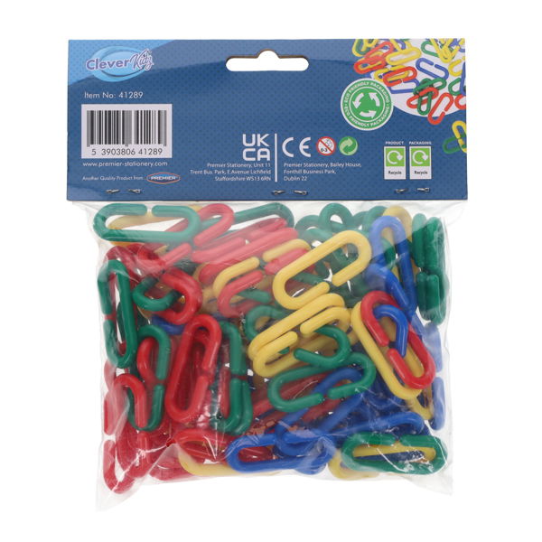 Clear bag of colorful red, blue, yellow, and green plastic chain links with a blue Clever Kidz brand header card.
