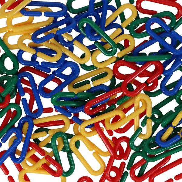 A pile of vibrant red, yellow, blue, and green C-shaped plastic toy chain links.