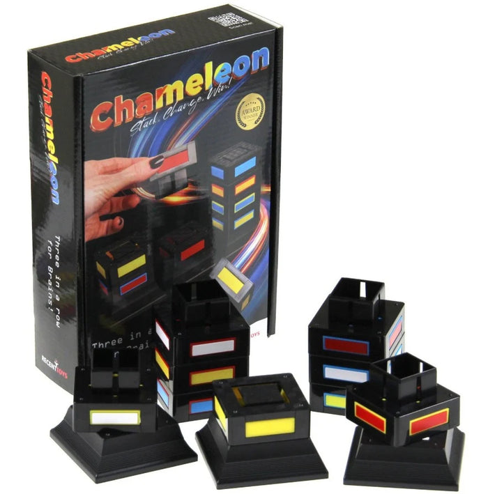 Chameleon game box next to black stacking blocks with red, yellow, blue, and white color-changing windows.