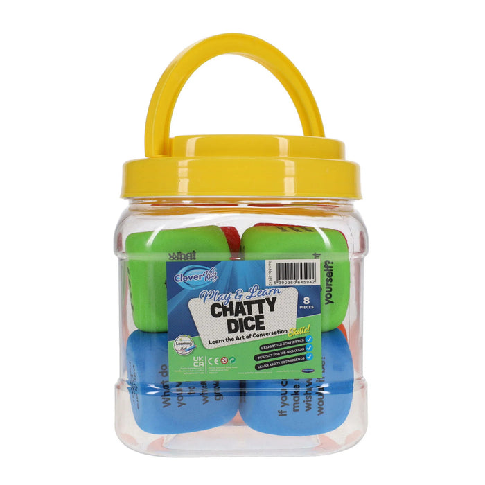 Clear plastic jar with yellow handle containing green and blue foam dice printed with conversation starter questions.