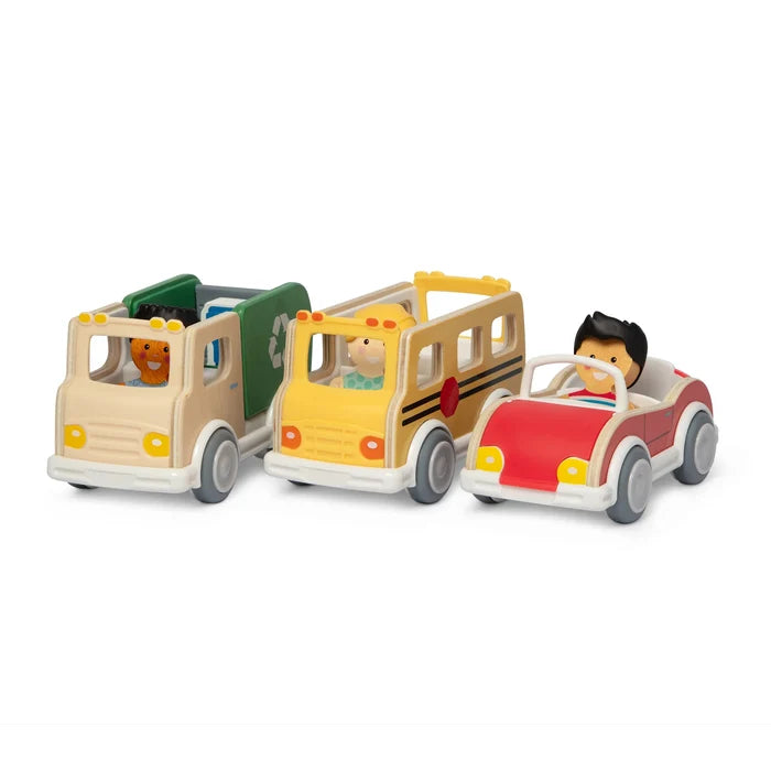 A tan recycling truck, yellow school bus, and red convertible toy car, each with a smiling driver figure.