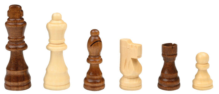 Six wooden chess pieces in alternating dark and light brown: king, queen, bishop, knight, rook, and pawn.