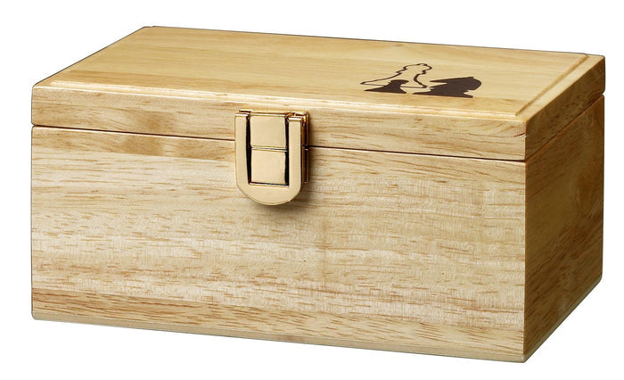 Light wood storage box with a gold latch and dark brown king and knight silhouettes on the lid.