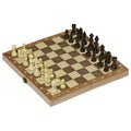 Folding wooden chess board with cream and dark brown carved pieces, featuring a hinged storage case and metal latch.