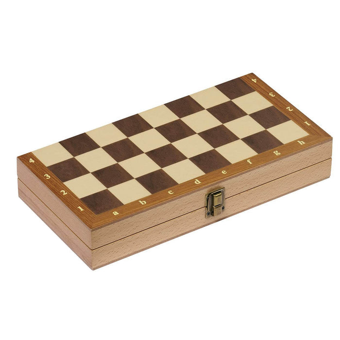 Rectangular wooden box with a brown and cream chessboard pattern, coordinate markings, and a brass latch.