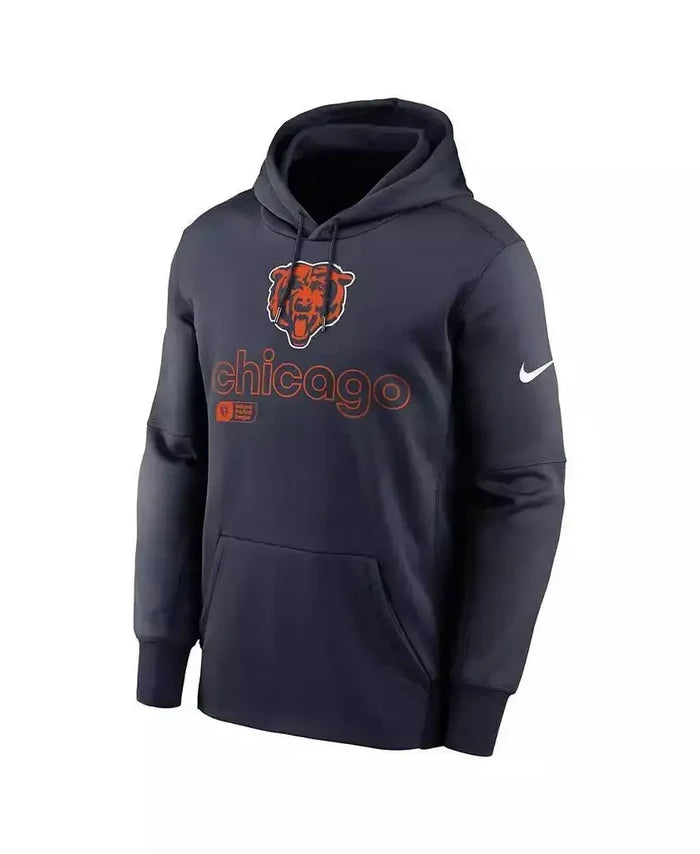 Chicago Bears Performance Pullover Hoodie for men by Nike in dark blue with logo and pocket, made of polyester.