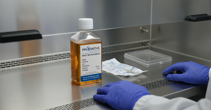 Animal serum bottle on biosafety cabinet work surface with cell culture flask