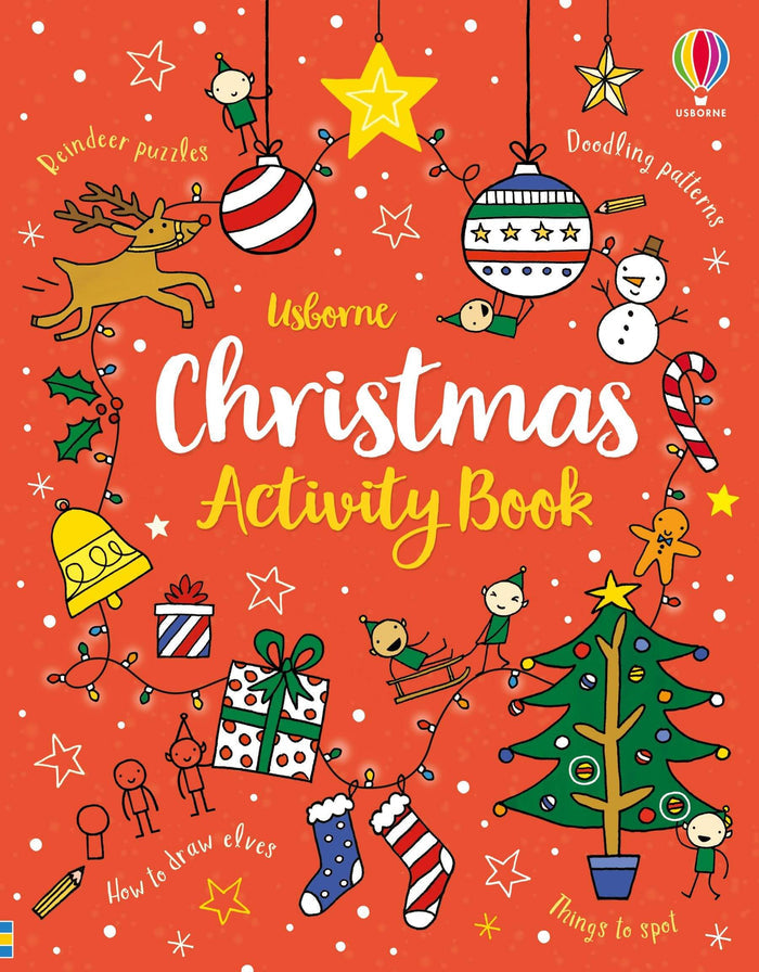 Red cover of a Christmas activity book featuring festive doodles of elves, reindeer, a snowman, and a tree.