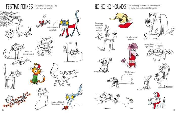 Illustrated activity book pages featuring cartoon cats and dogs with festive Christmas drawing and coloring prompts.