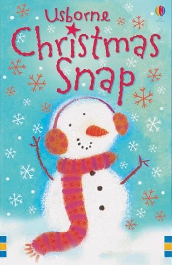 Snowman in a red and pink scarf and earmuffs on a blue snowflake background for the Christmas Snap card game.