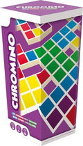 Purple game box for Chromino featuring colorful three-square dominoes and large vertical white lettering.