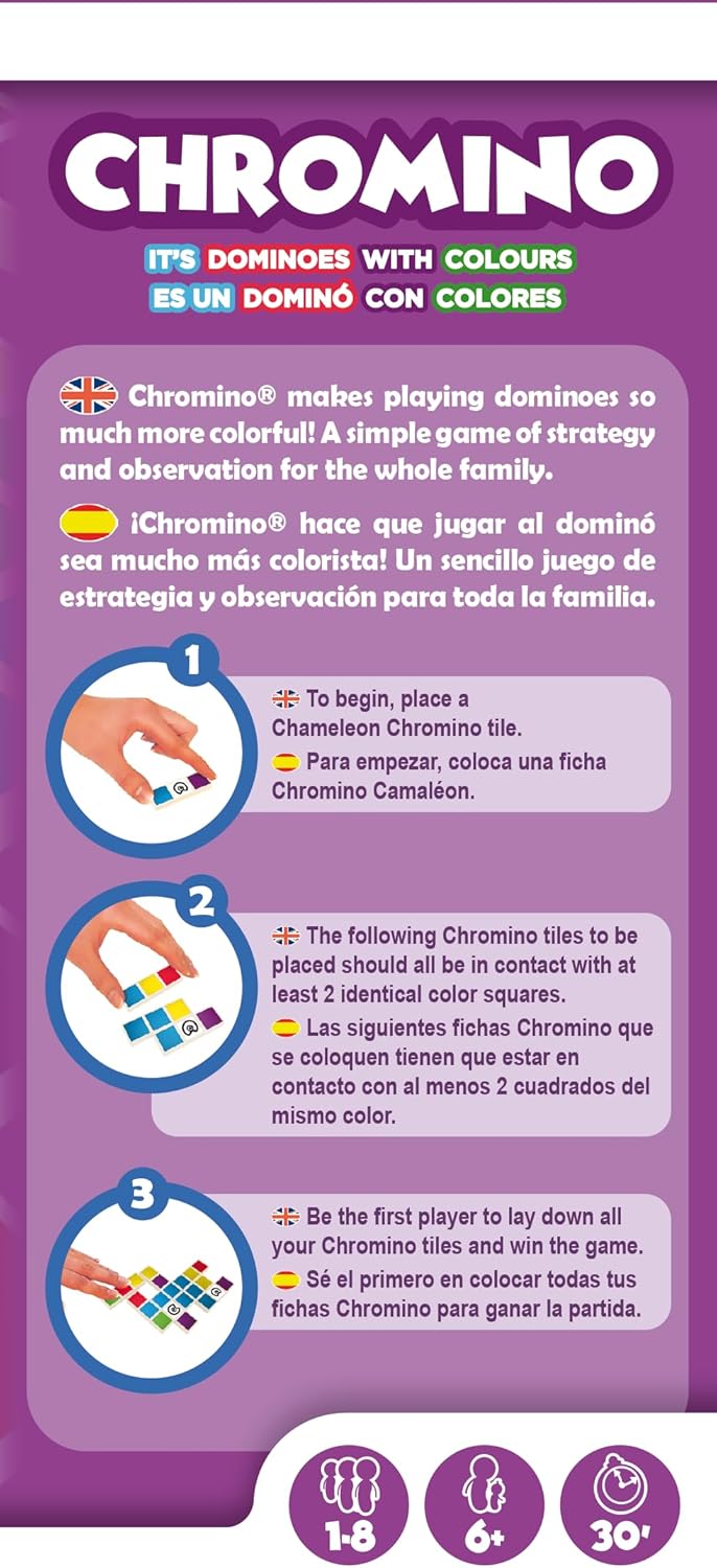 Purple graphic for Chromino game showing three illustrated gameplay steps and colorful domino-style tiles.