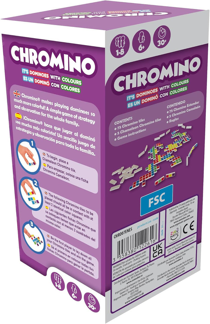 Purple Chromino game box with gameplay illustrations, player icons, and instructions in English and Spanish.