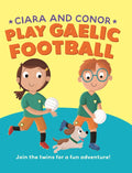 Book cover showing a girl and boy in green and orange jerseys holding footballs and a dog on a yellow and teal background.