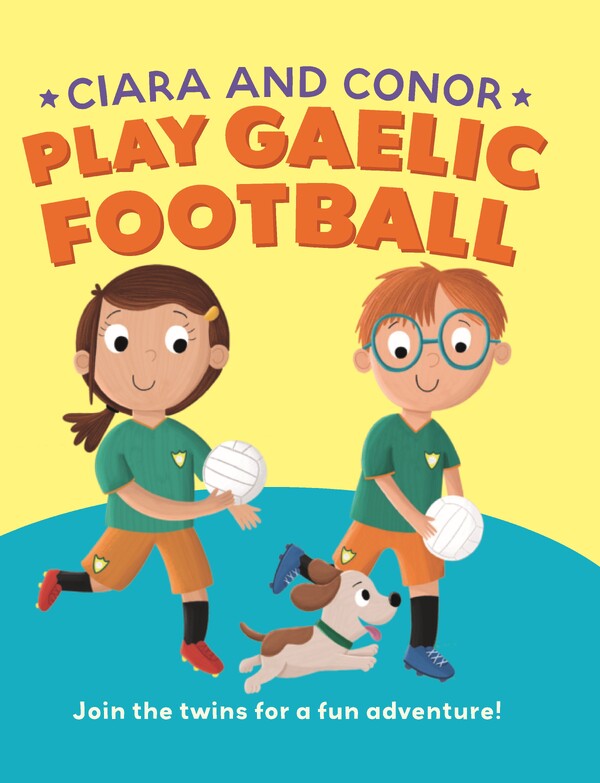 Book cover showing a girl and boy in green and orange jerseys holding footballs and a dog on a yellow and teal background.