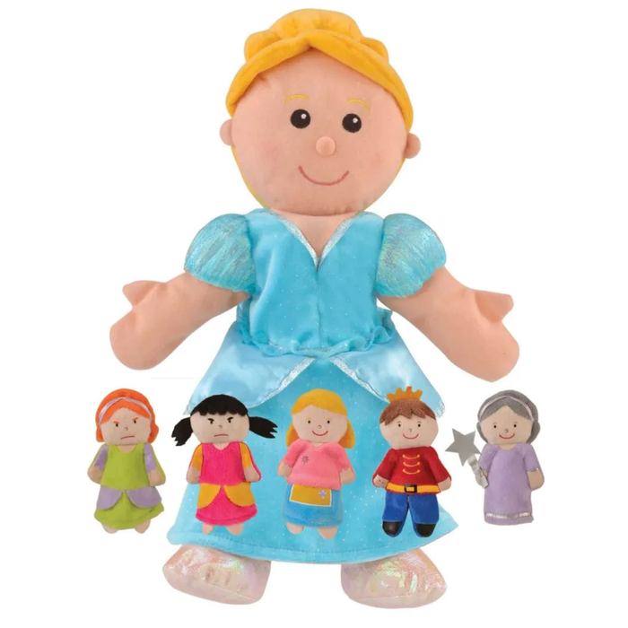 Plush Cinderella hand puppet in blue dress with five finger puppets including a prince and fairy godmother.