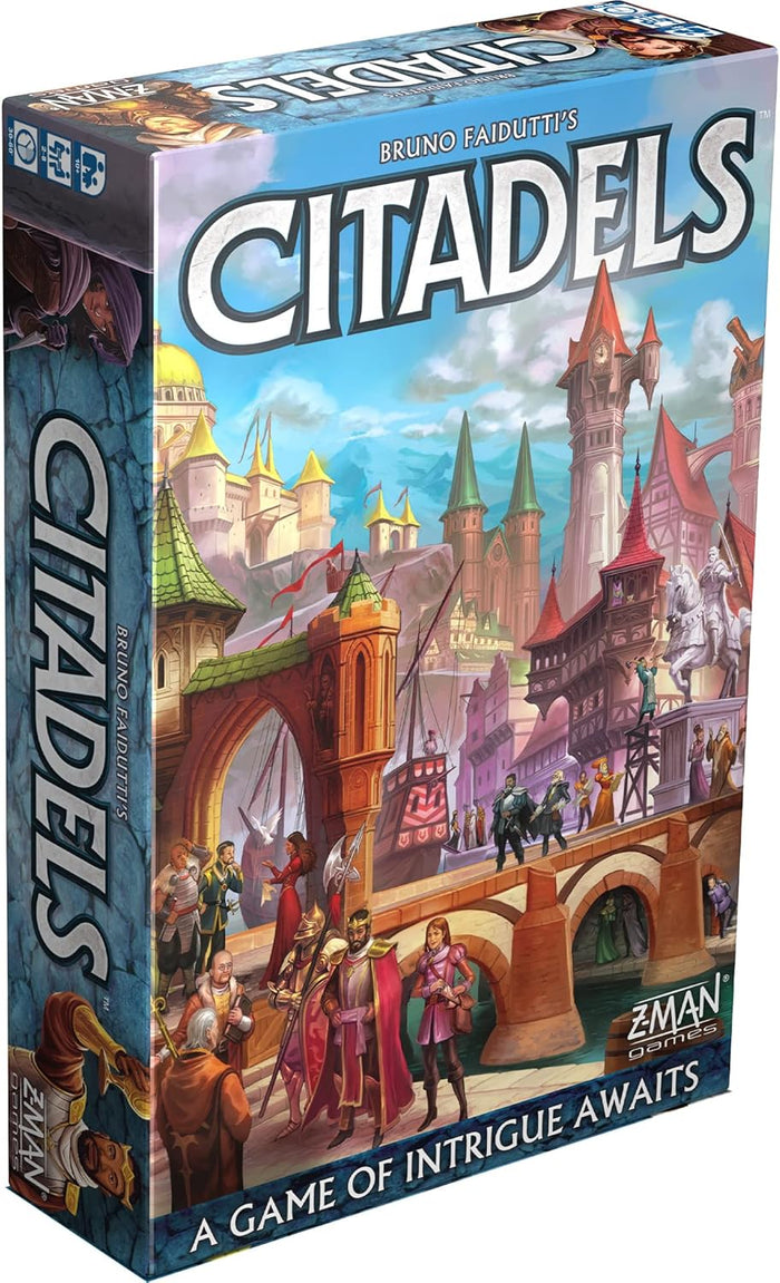 Board game box featuring vibrant medieval city art, characters on a stone bridge, and large silver title text.