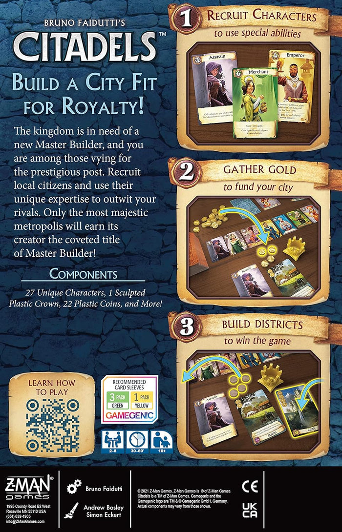 Back of blue board game box with parchment scrolls detailing gameplay steps, fantasy character cards, and gold coins.