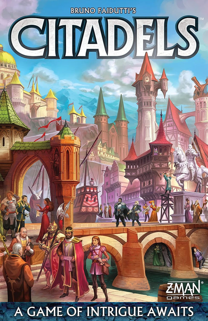 Vibrant medieval city with colorful towers, stone bridges, and fantasy characters on the Citadels board game box cover.