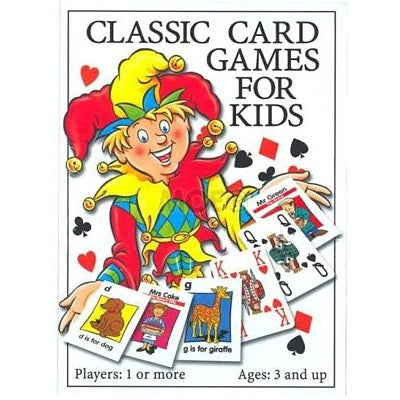 Smiling jester in colorful costume fanning out animal and traditional playing cards on white packaging.